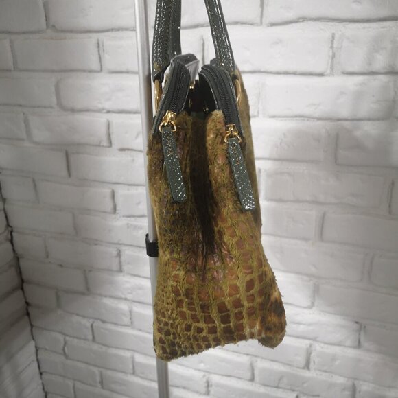 Joan Rivers Classics Green & Tan Faux Leather Faux Fur Croc Pattern Handbag - Picture 8 of 10